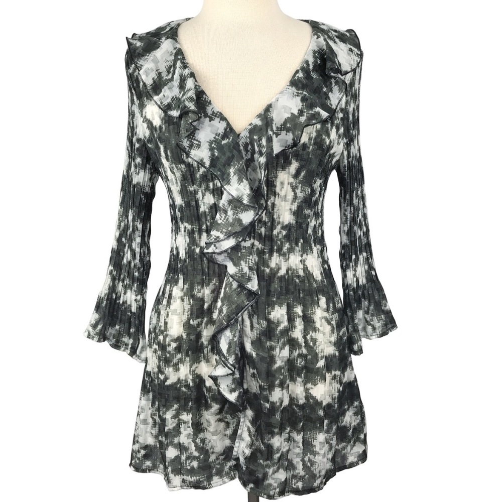 Allison Taylor Petite L Blouse Accordian Stretch Ruffle Front Tunic Length NWOT